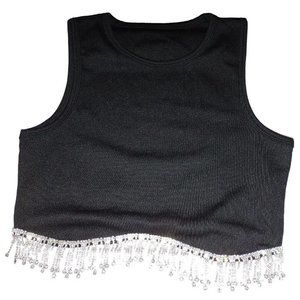 Rooscier Ribbed Rhinestone Sleeveless Crewneck Clubwear Black Crop Top‎ (L)